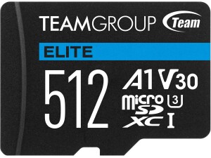 TEAMGROUP Elite A1 512GB microSDXC UHS-I U3 V30 A1 High Speed Flash Memory Card with Adapter for Phone, Android Mobile Device, 4K Shooting TEAUSDX512GIV30A103 (Read Speed up to 90MB/s)
