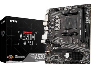 MSI A520M-A PRO Motherboard mATX - Supports AMD Ryzen 3rd Gen Processors, AM4, DDR4 Boost (4600MHz/OC), 1 x PCIe 3.0 x1, 1 x M.2 Gen3 x4, Gigabit LAN