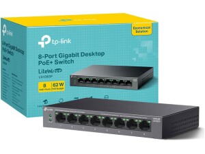 TP-Link LS108GP 8 Port Full Gigabit PoE+ Switch, Network Switch, Power Saving, Plug and Play, Metal Case, Ethernet Switch, 802.3af/at 30W, 62W Total Budget, Ethernet Splitter, Silent Operation