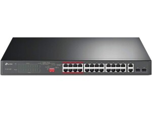 TP-Link 24-Port PoE+ 10/100 Mbps + 2-Port Gigabit Unmanaged Ethernet PoE Switch with 2 Combo Gigabit SFP slots (24 PoE+ Ports + 2 Gigabit RJ45 Ports + 2 SFP slots, 250W, Rackmount)(TL-SL1226P)