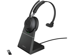 Jabra Evolve2 65 Wireless PC Headset with Charging Stand - Noise Cancelling UC Certified Mono Headphones With Long-Lasting Battery - USB-A Bluetooth Adapter - Black