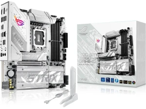 ASUS ROG Strix B860-G Gaming WiFi mATX motherboard, Advanced AI PC-ready, 14+1+2+1 power stages, DDR5 slots, PCIe 5.0, four M.2 slots, WiFi 7, AI Networking II, Aura Sync RGB lighting.