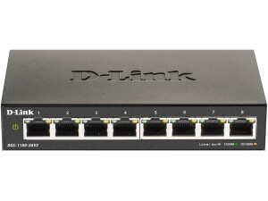 D-Link DGS-1100-08V2 8-Port Gigabit Smart Managed Switch with VLAN support, layer 2 features, QoS, 802.3az EEE, Fanless, Black