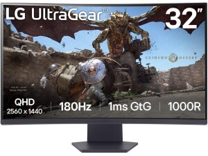 LG UltraGear Curved Gaming Monitor 32GS60QC, 32 inch, 1440p, 180Hz, 1ms Response Time, VA Panel, AMD FreeSync, Smart Energy Saving, DisplayPort, HDMI