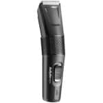 Battery-operated hair trimmer for men, black, portable grooming device.