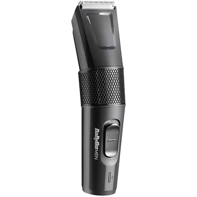 Battery-operated hair trimmer for men, black, portable grooming device.