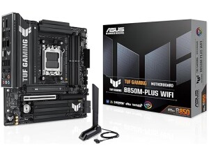 ASUS TUF GAMING B850M-PLUS WIFI AMD mATX motherboard, 14+2+1 80A DrMOS power stages, DDR5, PCIe 5.0 Ready, 3xM.2 slots, Wi-Fi 6E, Realtek 2.5Gb Ethernet, DisplayPort, HDMI, BIOS FlashBack, Aura Sync