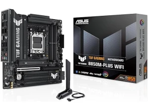 ASUS TUF GAMING B850M-PLUS WIFI AMD mATX motherboard, 14+2+1 80A DrMOS power stages, DDR5, PCIe 5.0 Ready, 3xM.2 slots, Wi-Fi 6E, Realtek 2.5Gb Ethernet, DisplayPort, HDMI, BIOS FlashBack, Aura Sync