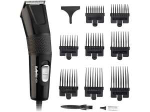 BaByliss Hair Clipper Precision Power, Corded Hair Clippers for Men, Sharp Stainless Steel Blades, 8 cutter guides 1-8, Grooming Set, Black, 7755U