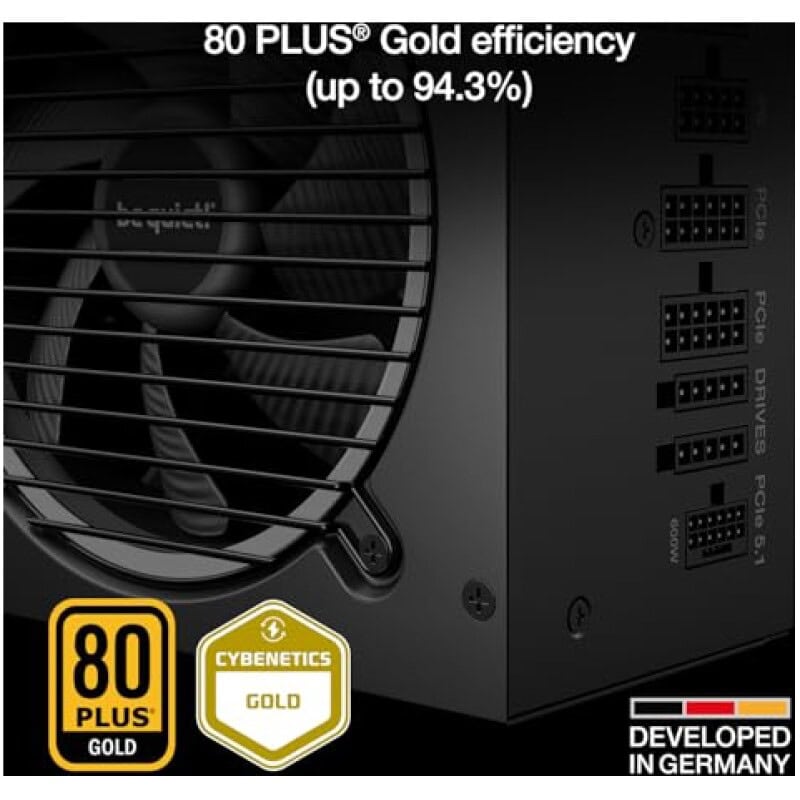 High-efficiency power supply with 80 PLUS Gold certification and up to 94.3% efficiency.