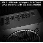 High-performance ATX 3.1 PSU with PCIe 5.1 support and 6+2 pin GPU connectors for gaming PCs.
