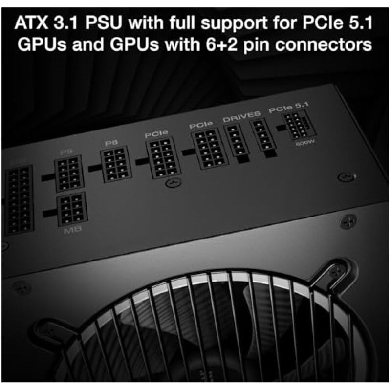 High-performance ATX 3.1 PSU with PCIe 5.1 support and 6+2 pin GPU connectors for gaming PCs.
