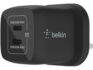 Belkin 45W Dual USB Type C Wall Charger, Fast Charging Power Delivery 3.0 with GaN Technology, USB C Charger for iPhone 16, 15, iPad Pro 12.9, 11, MacBook, Samsung Galaxy S24, Pixel And More