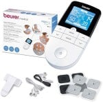 Wireless TENS EMS pain relief device with electrode pads for muscle therapy.