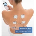 Electrical stimulation therapy patches for pain relief on back muscles and joints, connected to a portable device.