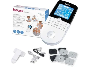 Wireless TENS EMS pain relief device with electrode pads for muscle therapy.
