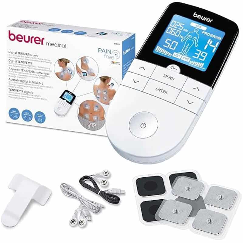 Wireless TENS EMS pain relief device with electrode pads for muscle therapy.