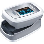 Pulse oximeter device measuring oxygen saturation and pulse rate levels.