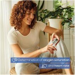Oxygen saturation and heart rate monitoring device in use by woman at home.