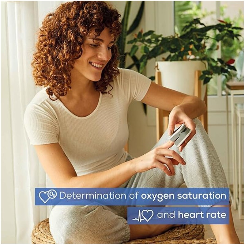 Oxygen saturation and heart rate monitoring device in use by woman at home.