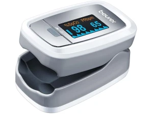 Pulse oximeter device measuring oxygen saturation and pulse rate levels.