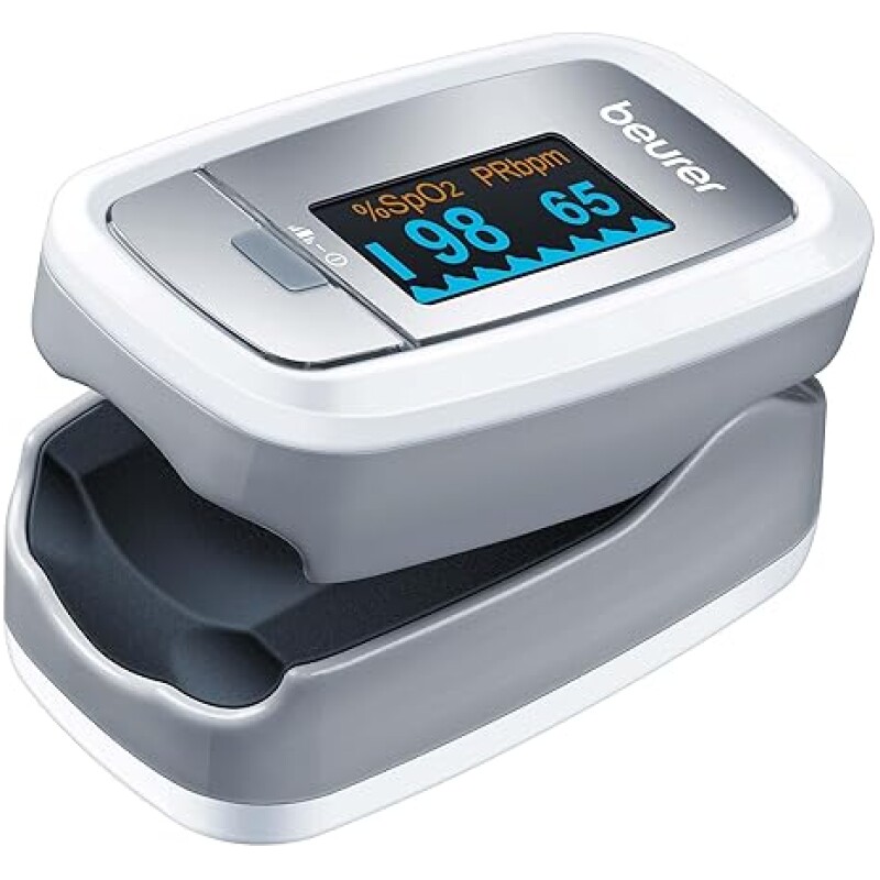 Pulse oximeter device measuring oxygen saturation and pulse rate levels.