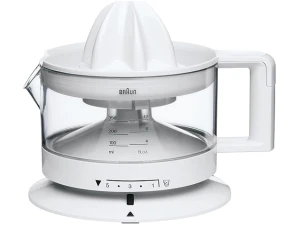 Braun House Hold CJ3000 Electric Citrus Press, 350 ml Bowl with Scale, Adjustable Pulp Control, Automatic Start/Stop, Cable Storage - White