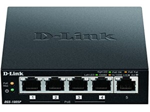 D-Link 5-Port Desktop Gigabit PoE+ Switch, up to 30 W per PoE port, Total power budget of 60 W, Green, Compact and Silent, Plug & Play black DGS-1005P/B