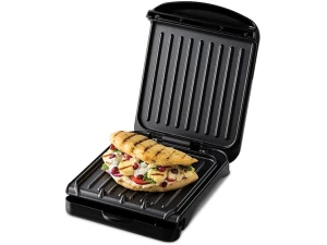George Foreman Small Electric Fit Grill [Non stick, Healthy, Griddle, Toastie, Hot plate, Panini, BBQ, Energy saving, Vertical storage, Easy clean, Drip tray, Ready to cook light] Black, 760W 25800