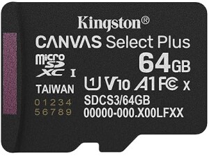 Kingston Canvas Select Plus microSD Memory Card 64GB micSDXC Gen3 100R A1 Single Pack w/o ADP - SDCS3/64GBSP