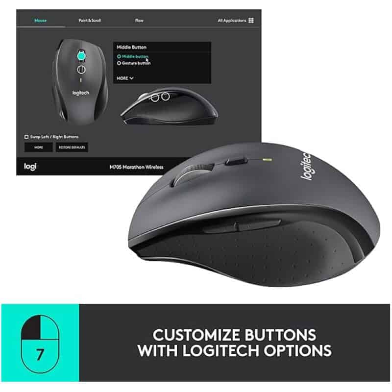 Wireless Logitech M705 Marathon mouse with customisable buttons and advanced software.
