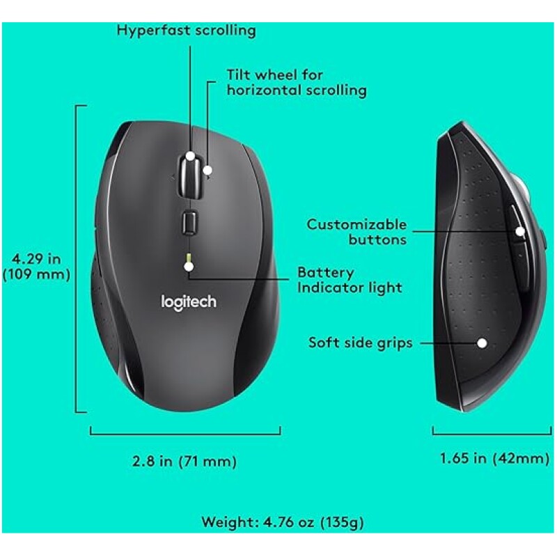 Wireless computer mouse with customizable buttons and ergonomic design for enhanced productivity.