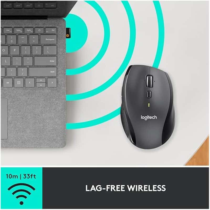 Wireless laptop and mouse connection for seamless internet and productivity.