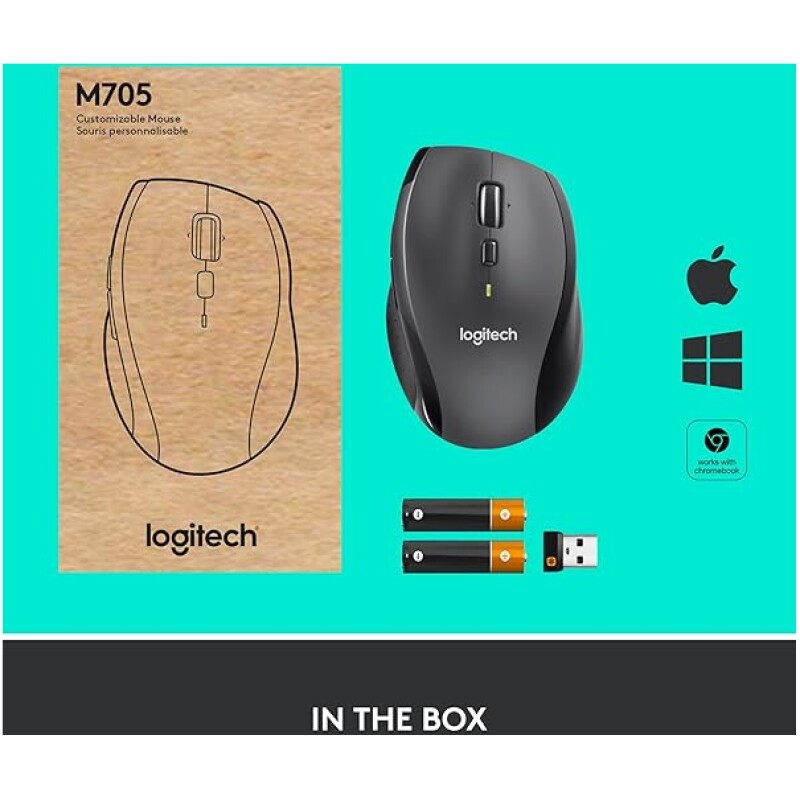 Wireless Logitech mouse with USB receiver and batteries, compatible with Windows, Mac, and Chrome OS.