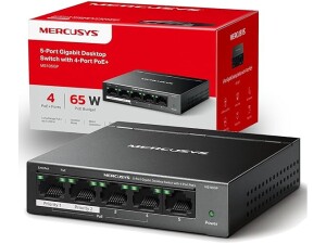 MERCUSYS MS105GP 5 Port Gigabit Network Switch, Ethernet Switch with 4-Port PoE+, 65W Total Budget , Metal Case, Desktop or Wall Mount, TP-Link Silent Operation, Power Saving, Plug & Play