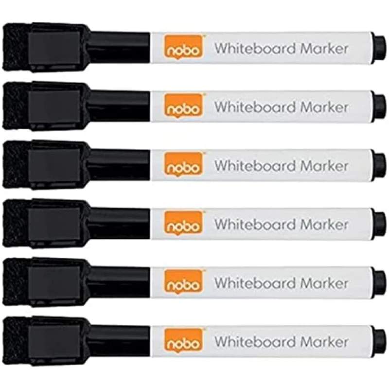 Nobo-Mini-Whiteboard-Pens-With-Magnetic-Eraser-Cap-2mm-Fine-Tip-Pack-Of-6-Dry-WipeErase-Low-Odour-Black-2104184-B0154G9PWI