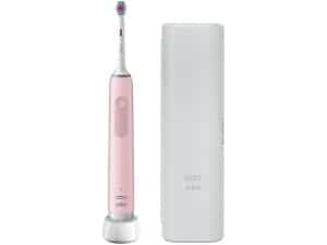 Electric toothbrush with sleek pink design and protective case for dental hygiene.