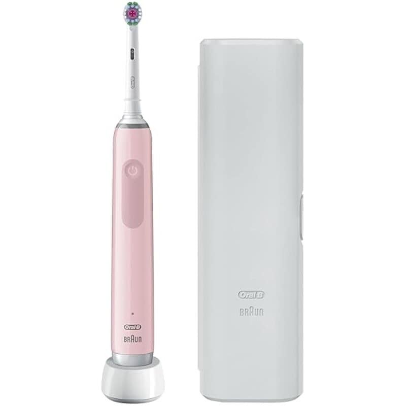Electric toothbrush with sleek pink design and protective case for dental hygiene.