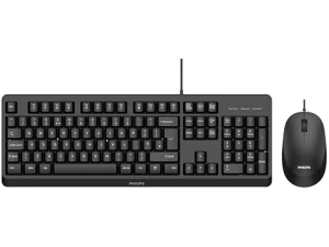 PHILIPS SPT6207BL Wired Keyboard Mouse Combo, Optical sensor, Splash resistant, Multimedia shortcut keys, Ergonomic design, home office, PC/laptop