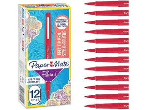 Paper Mate Flair Felt Tip Pens | Medium Point (0.7 mm) Marker Pens | Red Pens | for Writing, Marking, Drawing & Sketching | 12 Count