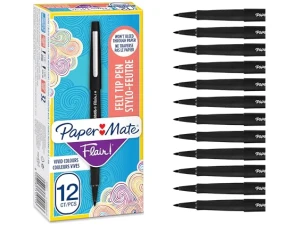 Paper Mate Flair Felt Tip Pens | Medium Point (0.7 mm) Writing Pens | Black Pens | For Writing, Drawing & Sketching | 12 Count