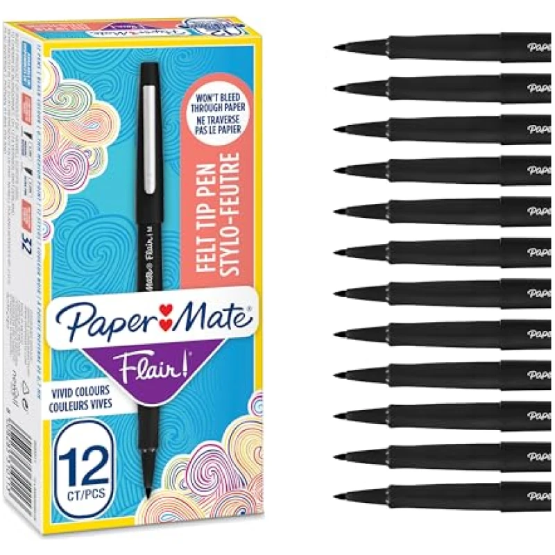 Paper-Mate-Flair-Felt-Tip-Pens-Medium-Point-07-mm-Writing-Pens-Black-Pens-For-Writing-Drawing-Sketching-12-B0021UA318