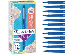 Paper Mate Flair Felt Tip Pens | Medium Point (0.7 mm) Writing Pens | Blue Pens | for Writing, Drawing & Sketching | 12 Count