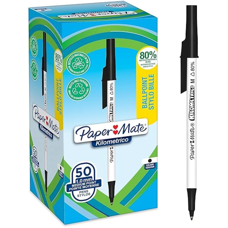 Paper-Mate-Kilometrico-Ballpoint-Pens-Long-Writing-with-Medium-Point-10mm-Black-Ink-80-Recycled-Plastic-50-C-B0CCXX98C1