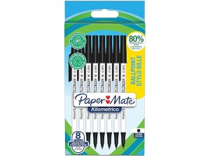 Paper Mate Kilometrico Ballpoint Pens | Long Writing with Medium Point (1.0mm) | Black Ink | 80% Recycled Plastic | 8 Count