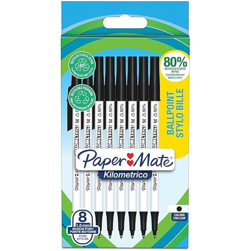 Paper-Mate-Kilometrico-Ballpoint-Pens-Long-Writing-with-Medium-Point-10mm-Black-Ink-80-Recycled-Plastic-8-Co-B0C75QQHT6
