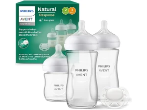 Philips Avent Glass Baby Bottle Newborn Gift Set - 3 Baby Milk Bottles, Ultra-Soft Pacifier for Babies Aged 0-6 Months+ (Model SCD878/11)