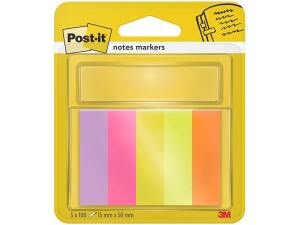 Post-it Notes Markers, Assorted Colours, 5 Pads, 15 mm x 50 mm, 100 Sheets per Pad, Green, Orange, Pink, Purple, Yellow - To Mark, Highlight or Color Code Important Information
