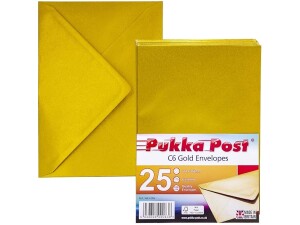 Pukka Pad, Pukka Post & Packaging Gummed Envelopes - Pack of 25, Ready-to-Seal, Durable 100GSM Postal Envelopes for Letters, Invitations, and Other Mail - 114 x 162mm, Size C6, Gold
