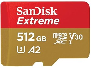 SANDISK Extreme microSDXC card 512GB +SD adapter(microSD card for smartphones, action cameras, drones, V30, up to 190 MB/s, SANDISK QuickFlow Technology, RescuePro Deluxe, UHS-I, 4k, V30, A2, C10, U3)